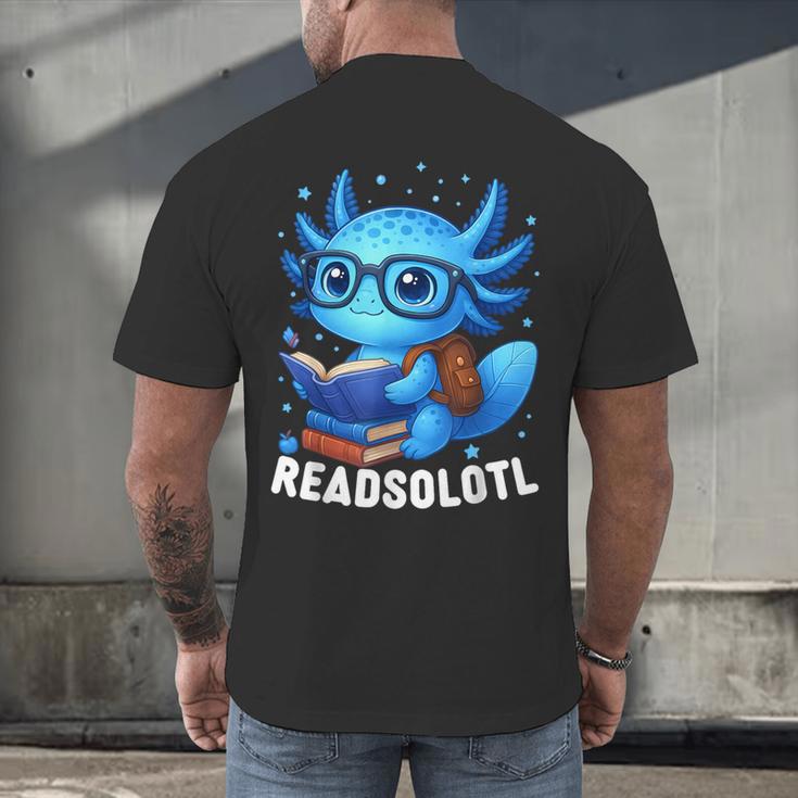 Readsolotl Blue Kawaii Axolotl Book Lover Reading Men's Back Print T-Shirt