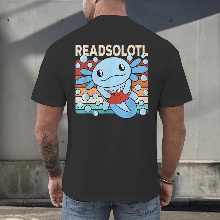 Readsolotl Blue Kawaii Axolotl Book Lover Reading Retro Men's Back Print T-Shirt