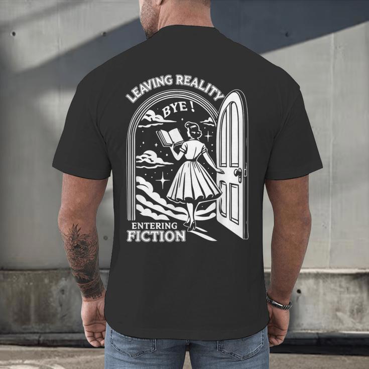 Retro Trendy Bookish Book Lover Reading Quotes Leaving Reality Entering Fiction -Adults Small Short Sleeve T-Shirt Men's Back Print T-Shirt