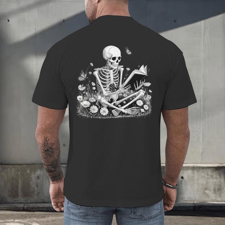 Skeleton Reading Book Floral Dark For Book Lovers Men's Back Print T-Shirt