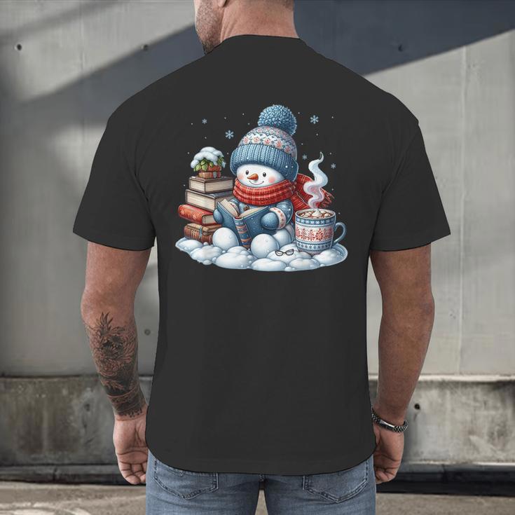 Snowman Reading Books Lovers Librarian Bookworm Christmas Men's Back Print T-Shirt