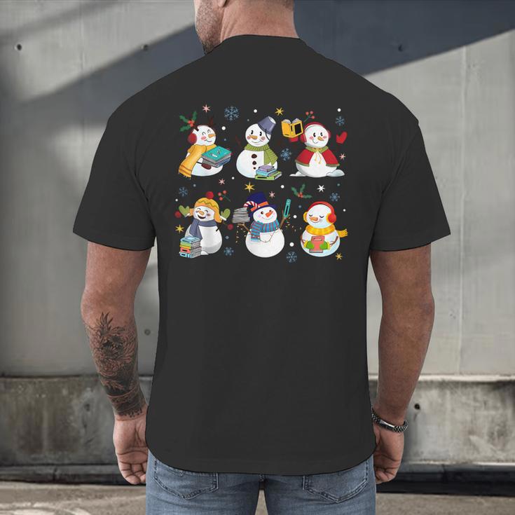Snowman Reading Books Teacher Christmas Librarian Bookworm Men's Back Print T-Shirt