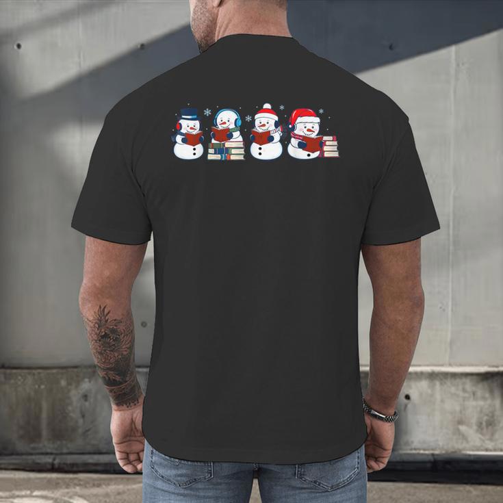 Snowman Reading Books Teacher Librarian Bookworm Christmas Men's Back Print T-Shirt Snowman Reading Books Teacher Librarian Bookworm Christmas Men's Back Print T-Shirt