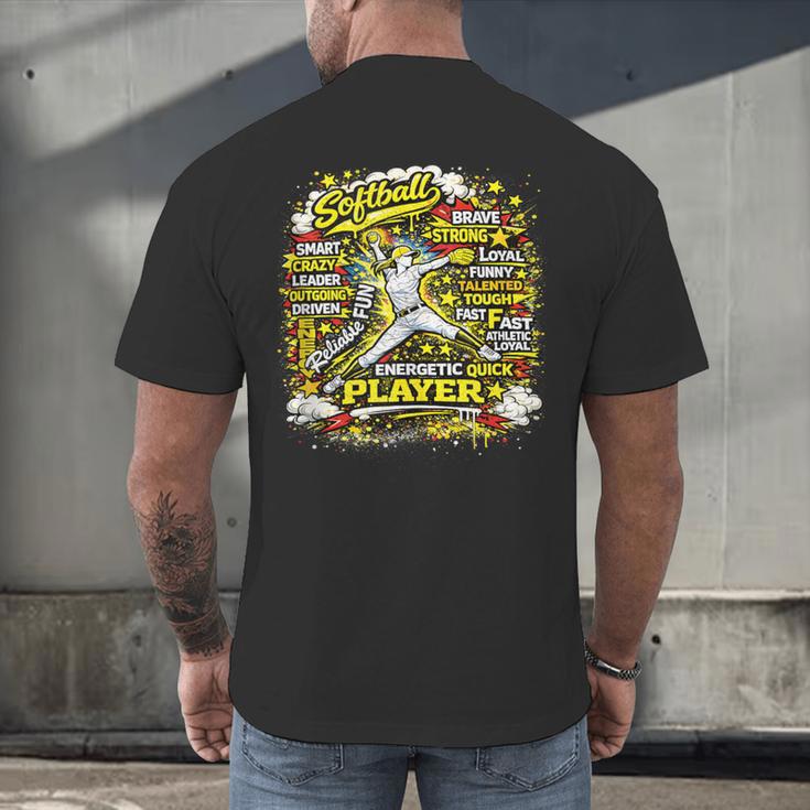 Softball Pitcher Best Traits Brave Retro Pop Comic Book Art Men's Back Print T-Shirt