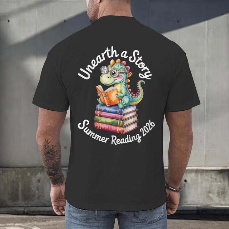 Unearth a Story Summer Reading 2026 Book Lover Dino Fun Men's Back Print T-Shirt