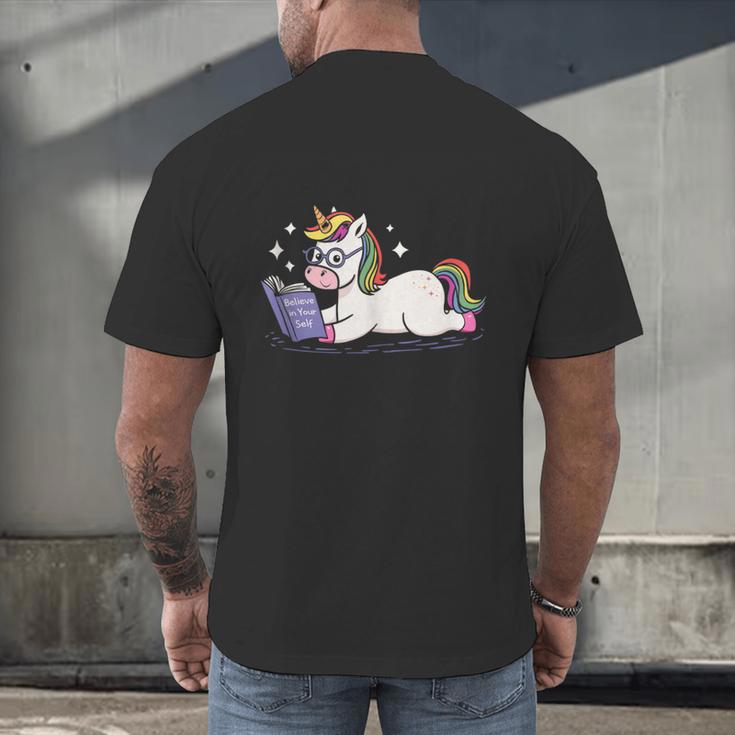 Unicorn Bookworm Believe In Yourself Cute And Inspirational Men's Back Print T-Shirt