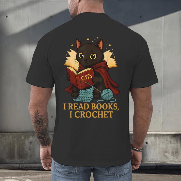 Wizard Cat Reading a Book While Crocheting Men's Back Print T-Shirt