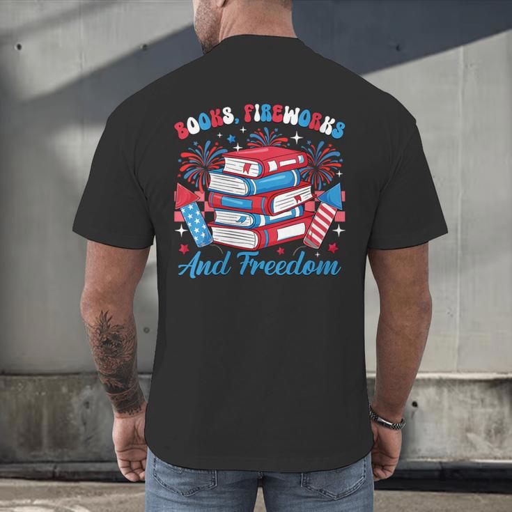 Women's Books Fireworks And Freedom Independence Day Book Lover Men's Back Print T-Shirt