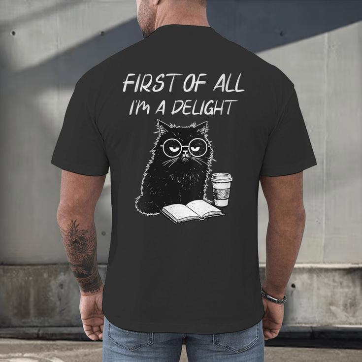 Women's First Of All I’m A Delight Cute Cat Books Coffee Humor Men's Back Print T-Shirt Women's First Of All I’m A Delight Cute Cat Books Coffee Humor Men's Back Print T-Shirt