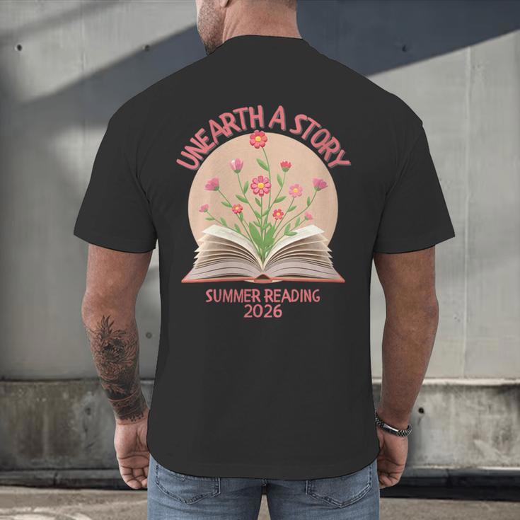 Women's Unearth a Story 2026 Summer Reading Program Flowers Book Men's Back Print T-Shirt Women's Unearth a Story 2026 Summer Reading Program Flowers Book Men's Back Print T-Shirt