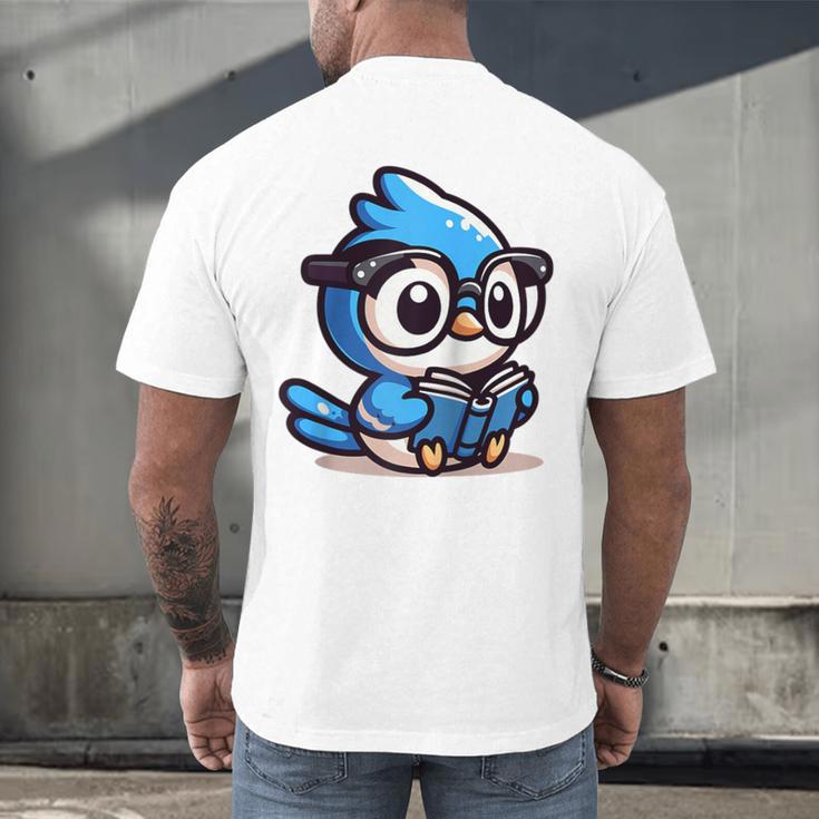 Adorable Book Lover Blue Jay With Reading Glasses Cute Raglan Baseball Tee Men's Back Print T-Shirt
