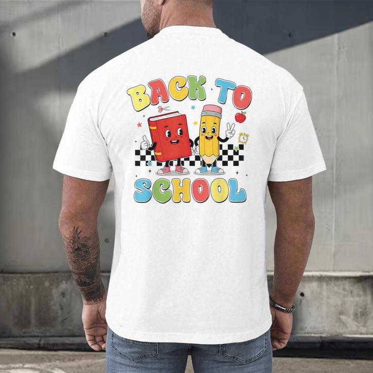 Back To School Checkered Book Pencil Groovy Teacher Student Men's Back Print T-Shirt
