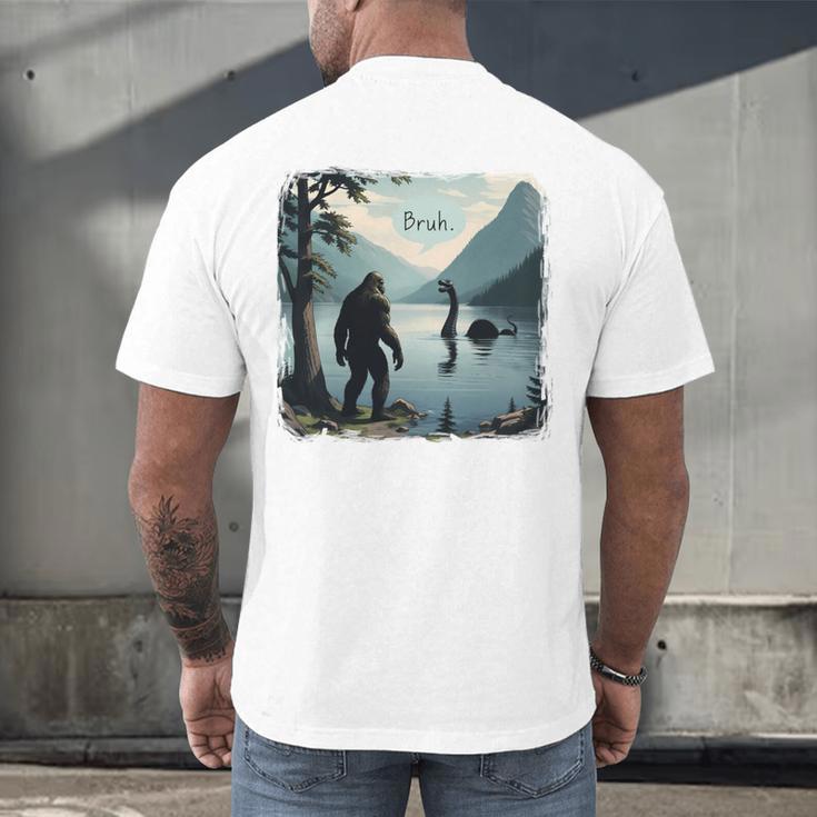Bigfoot Sasquatch & Loch Ness Monster Introvert Bruh Men's Back Print T-Shirt Bigfoot Sasquatch & Loch Ness Monster Introvert Bruh Men's Back Print T-Shirt