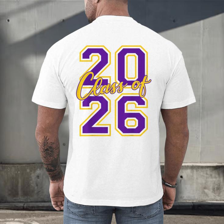 Class Of 2026 Graduation Varsity Purple And Yellow Letters Men's Back Print T-Shirt
