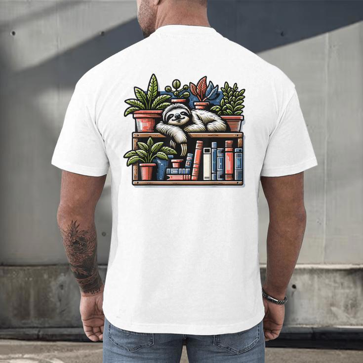 Cosy Sloth In Bookshelf With Plants Men's Back Print T-Shirt Cosy Sloth In Bookshelf With Plants Men's Back Print T-Shirt