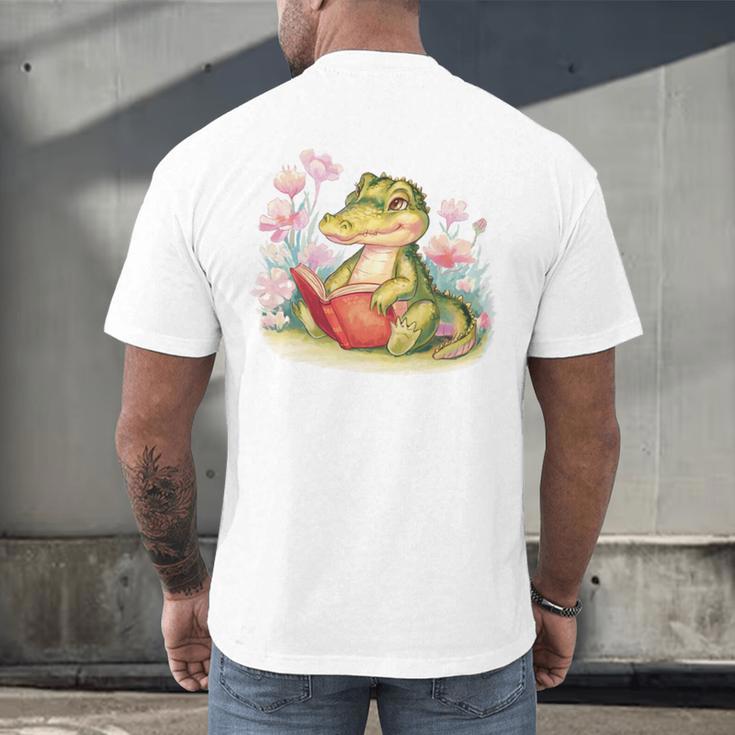 Crocodile Reading Book Watercolor Flowers Kids Men's Back Print T-Shirt