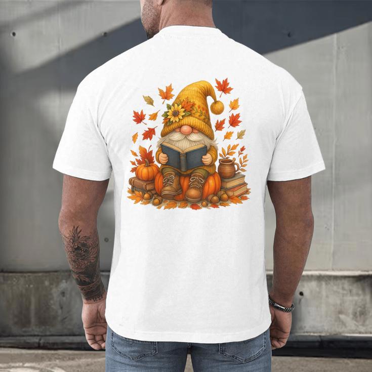Cute Autumn Gnome Reading Pumpkin Book Lover Men's Back Print T-Shirt Cute Autumn Gnome Reading Pumpkin Book Lover Men's Back Print T-Shirt