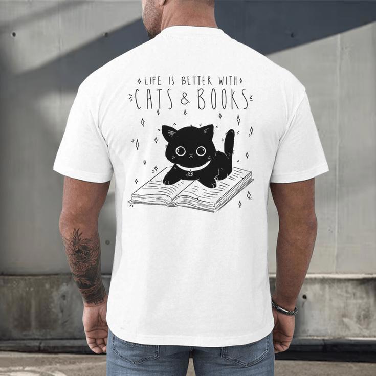 Cute Cats And Books Aesthetic Feline Reader Graphic Premium Tri-Blend Men's Back Print T-Shirt