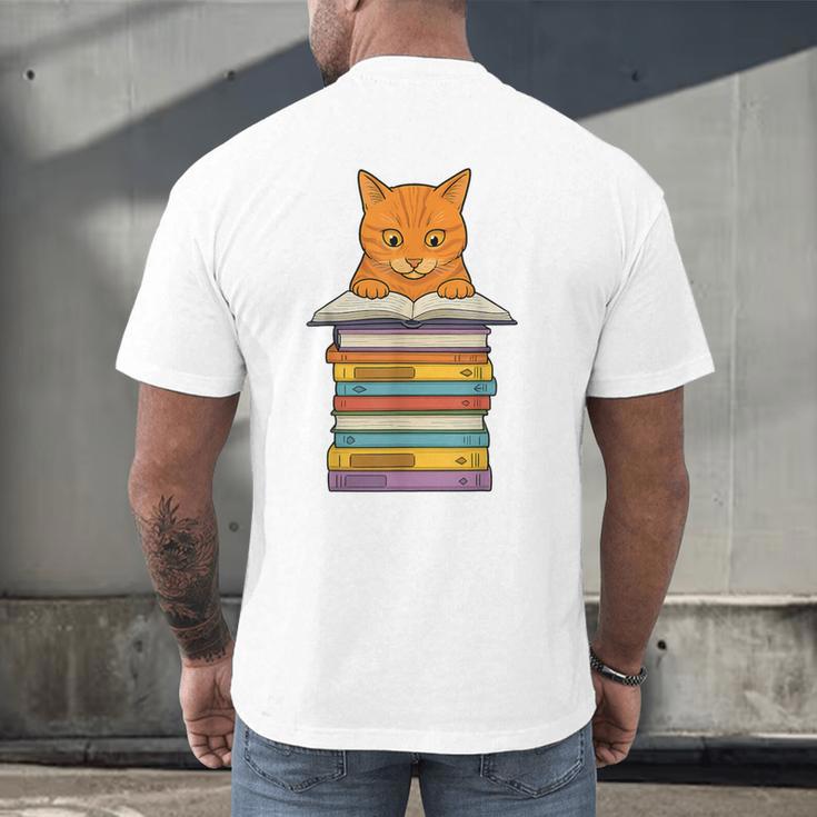 Cute Orange Tabby Cat Reading On Pile Of Books Men's Back Print T-Shirt