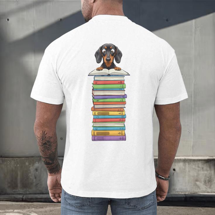 Cute Wiener Dog Dachshund Reading On Pile Of Books Men's Back Print T-Shirt
