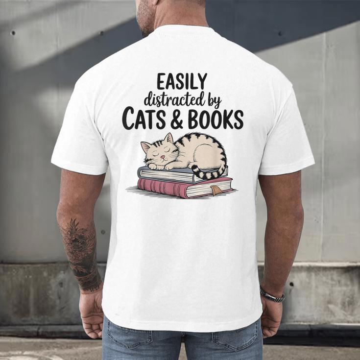 Easily Distracted By Cats And Books Cute Book Lover Men's Back Print T-Shirt Easily Distracted By Cats And Books Cute Book Lover Men's Back Print T-Shirt