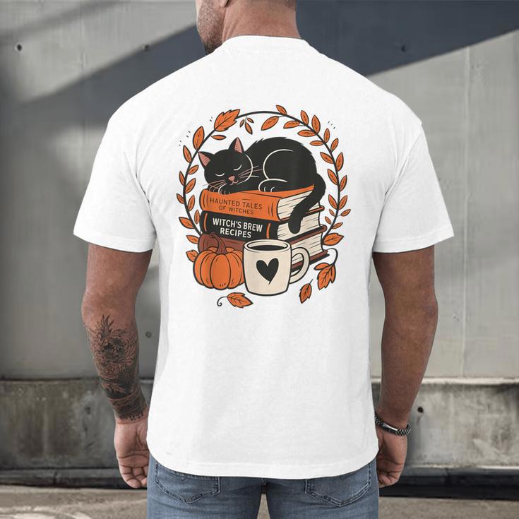 Fall Book Teacher Cat Books Halloween Autumn Librarian Men's Back Print T-Shirt