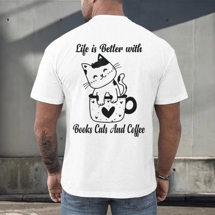 Life Is Better With Books Cats And Coffee Shirt Men's Back Print T-Shirt Life Is Better With Books Cats And Coffee Shirt Men's Back Print T-Shirt