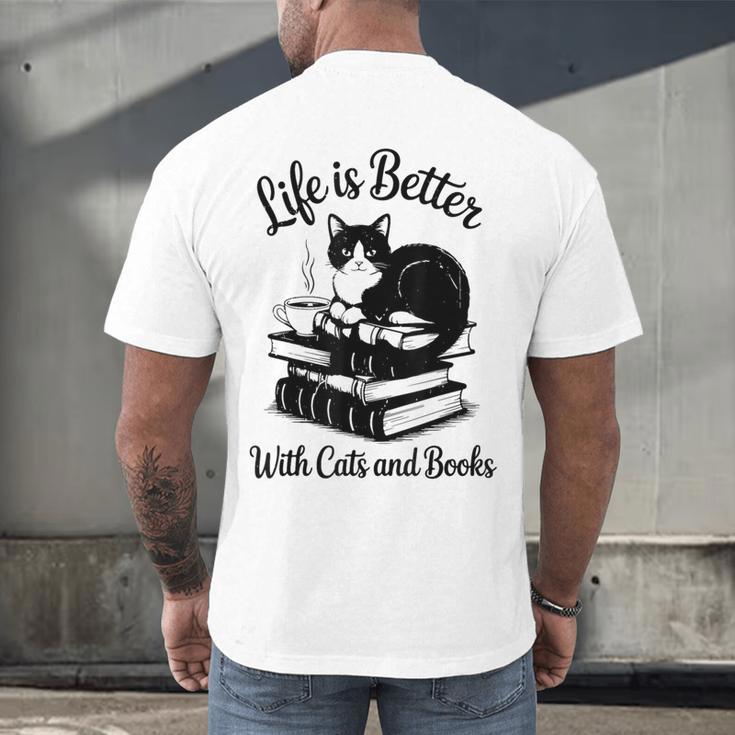 Life Is Better With Cats & Books Tuxedo Cat Mom Women Men's Back Print T-Shirt