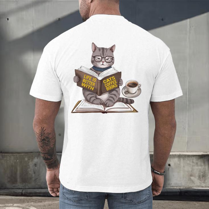 Life Is Better With Cats Coffee Books Cat Reading Book Men's Back Print T-Shirt Life Is Better With Cats Coffee Books Cat Reading Book Men's Back Print T-Shirt