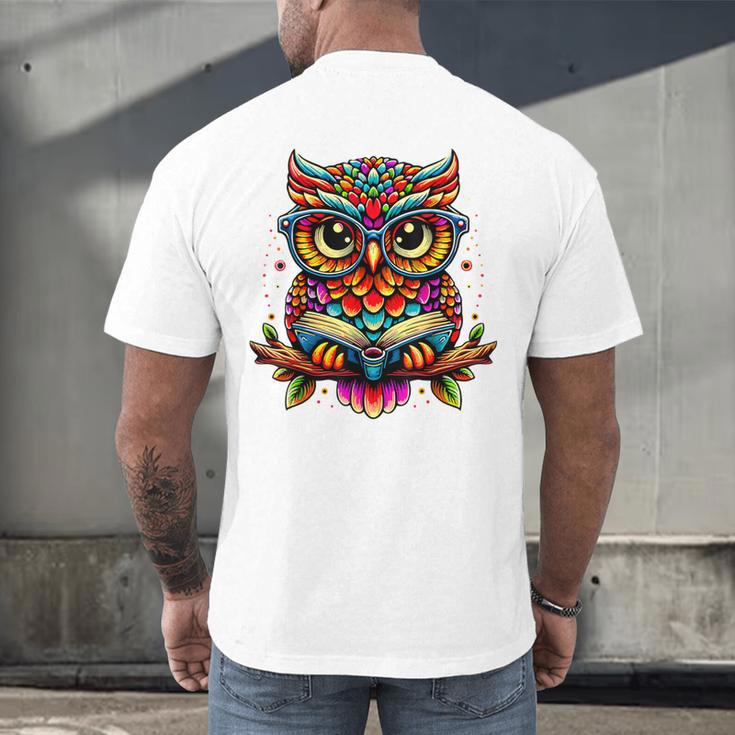 Owl With Glasses And Book Reading Men's Back Print T-Shirt