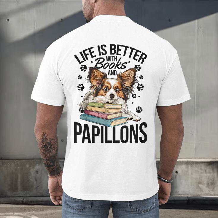 Papillon Dog Breed Life Is Better With Books And Papillons Men's Back Print T-Shirt Papillon Dog Breed Life Is Better With Books And Papillons Men's Back Print T-Shirt