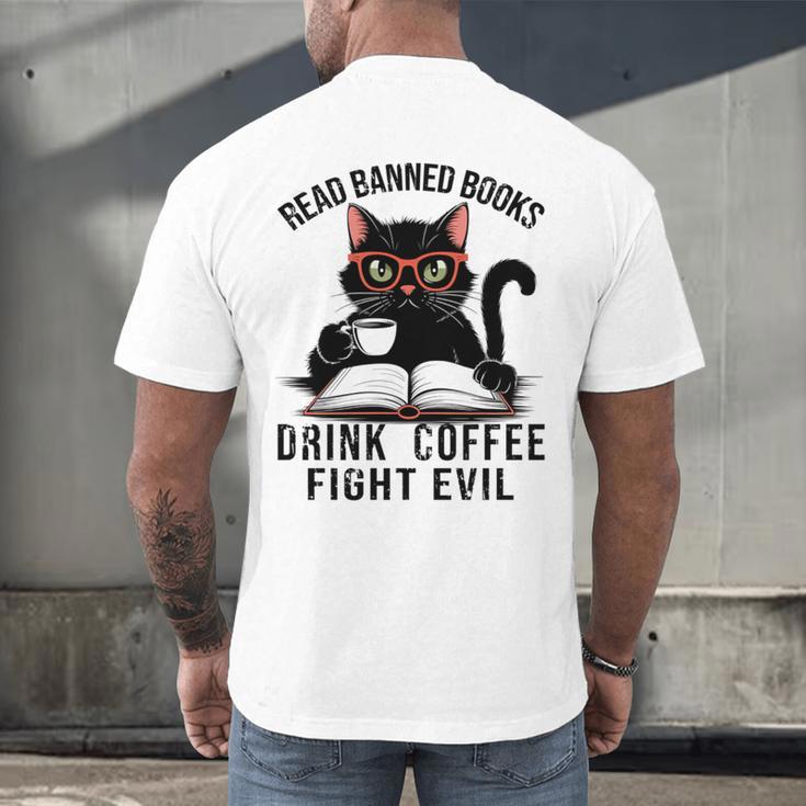 Read Banned Books Drink Coffee Fight Evil Retro Cat Men's Back Print T-Shirt
