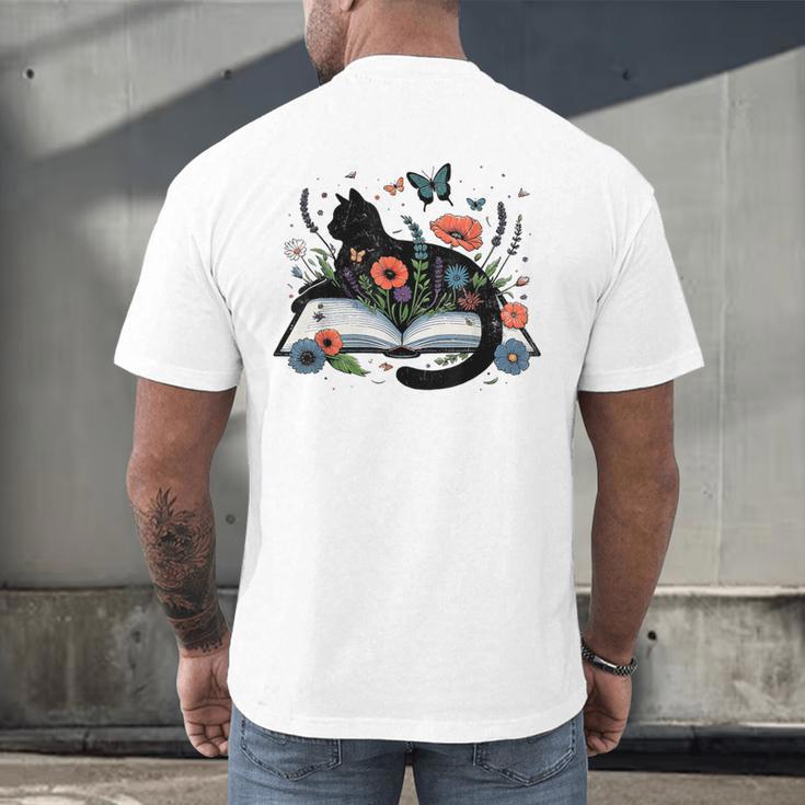 Retro Cute Cat Floral Book Librarian Vintage Floral Cat Book Men's Back Print T-Shirt
