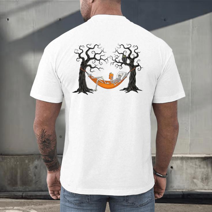 Skeleton Reading Book In Hammock Halloween Reader Men's Back Print T-Shirt Skeleton Reading Book In Hammock Halloween Reader Men's Back Print T-Shirt