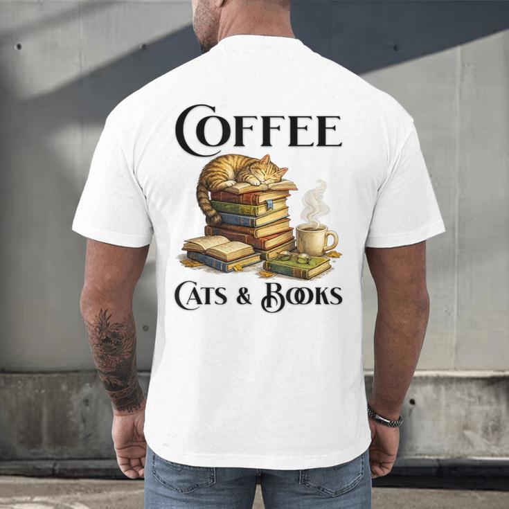 Sleeping Cat And Books With Coffee Lover Men's Back Print T-Shirt