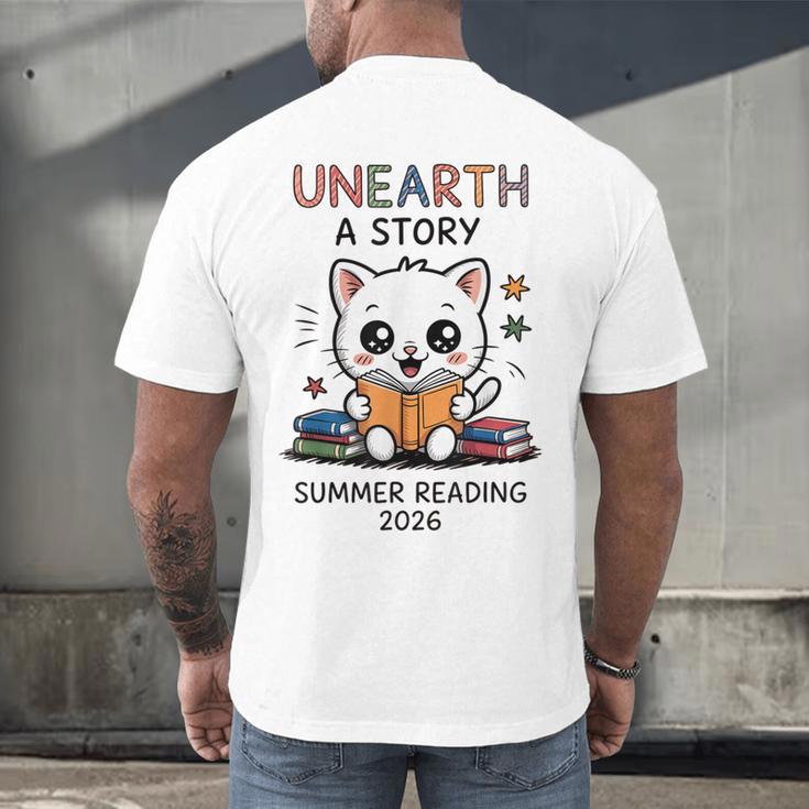 Unearth a Story Cute Kitten Summer Reading 2026 Cat Book Men's Back Print T-Shirt