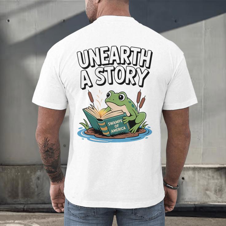 Unearth a Story Frog Reading a Book Summer 2026 Premium Tri-Blend Men's Back Print T-Shirt