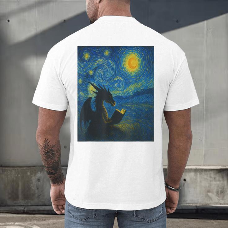 Van Gogh Starry Night Fantasy Reader Dragon Reading Book Men's Back Print T-Shirt Van Gogh Starry Night Fantasy Reader Dragon Reading Book Men's Back Print T-Shirt