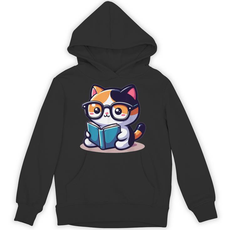 Adorable Book Lover Calico Cat With Reading Glasses Cute For Men Women Kids Unisex Hoodie