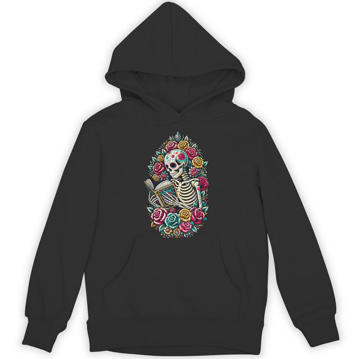 Book Lover Skeleton Reading With Dia De Los Muertos Flowers Unisex Hoodie