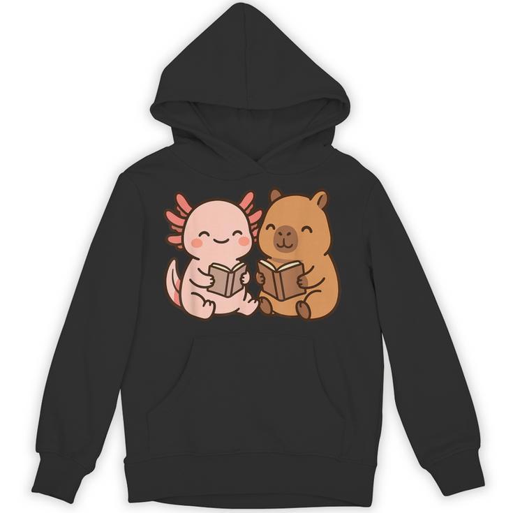 Capybara Axolotl Kawaii Kids Anime Book Lover Reading Unisex Hoodie