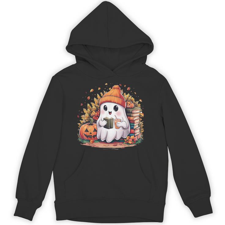 Cute Ghost Drinking Coffee Halloween Reading Book Retro Unisex Hoodie