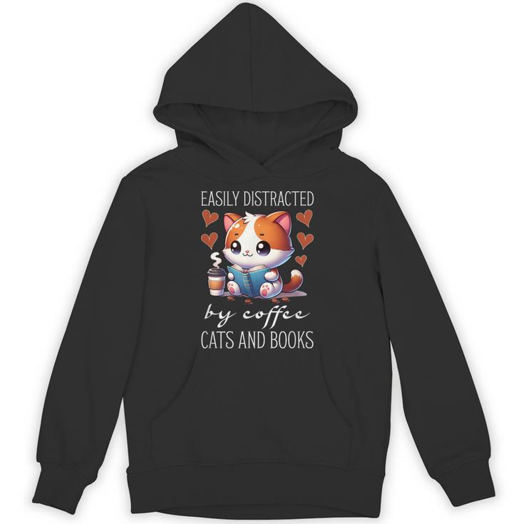 Easily Distracted By Coffee Cats And Books Unisex Hoodie
