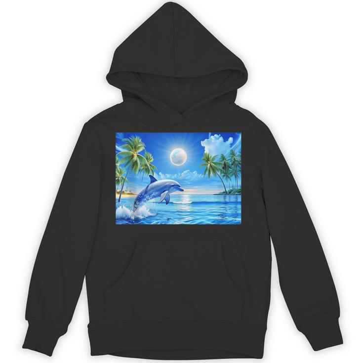 Frutiger Aero Dolphin Sunset Ocean With Palm Trees Y2k Unisex Hoodie