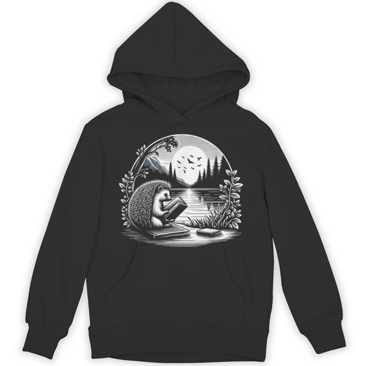 Hedgehog Reading Book Full Moon Lake Scenery Unisex Hoodie