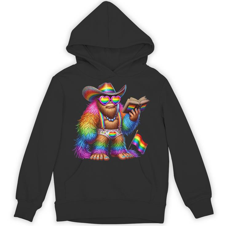Rainbow Pride Bigfoot Reading Book With Heart Glasses Unisex Hoodie