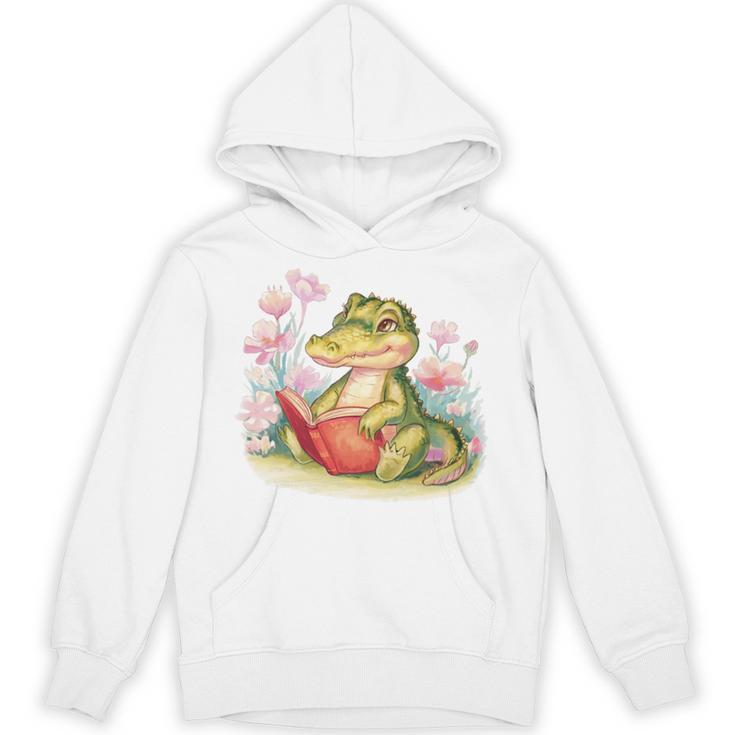 Crocodile Reading Book Watercolor Flowers Kids Unisex Hoodie