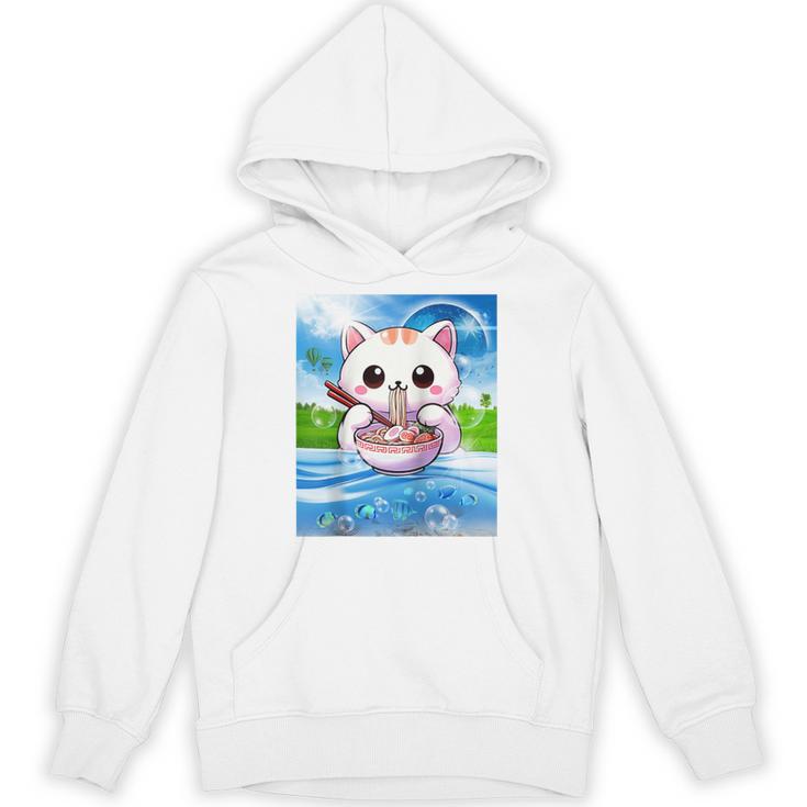 Frutiger Aero Aesthetic Tech Kawaii Ramen Cat Fishes Raglan Baseball Tee Unisex Hoodie