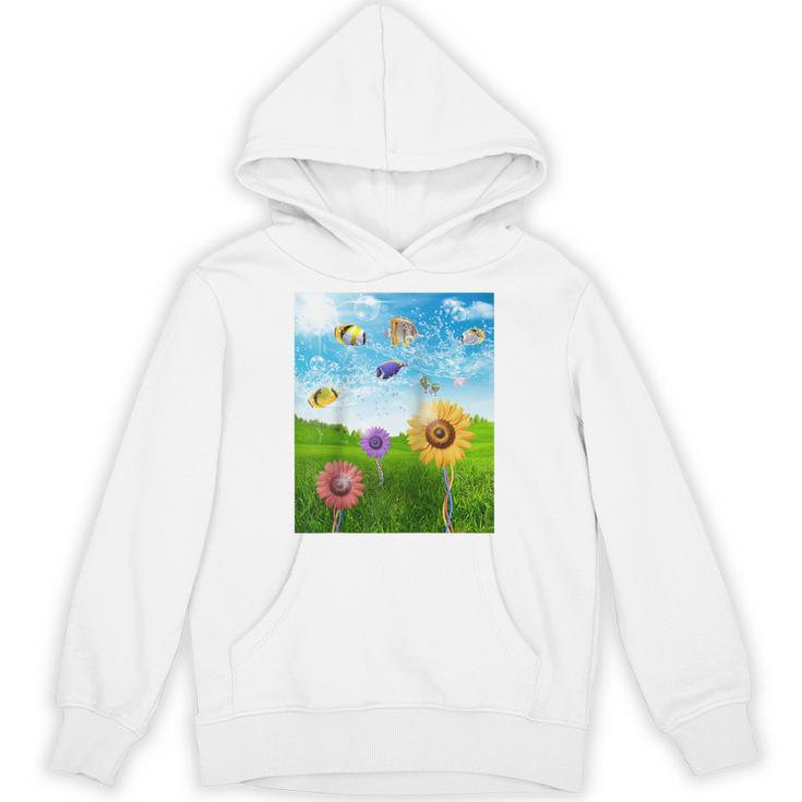 Frutiger Aero Aesthetic Tech Scenery Fishes Sunflower Raglan Baseball Tee Unisex Hoodie