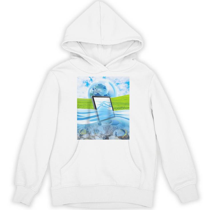 Frutiger Aero Aesthetic Tech Water Fishes Monitor Screen Raglan Baseball Tee Unisex Hoodie